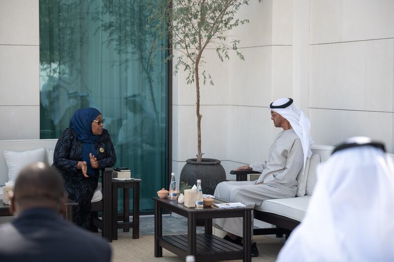 Sheikh Mohamed bin Zayed, Crown Prince of Abu Dhabi and Deputy Supreme Commander of the Armed Forces, meets Tanzania's President Samia Suluhu Hassan in Abu Dhabi. Rashed Al Mansoori / Ministry of Presidential Affairs