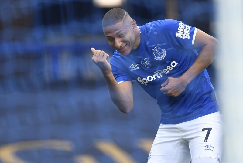 Richarlison celebrates after scoring against Leicester City. EPA