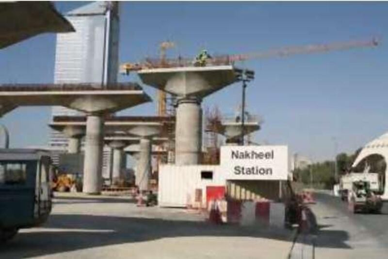 DUBAI, UNITED ARAB EMIRATES - March 31: Construction work on the Dubai Metro transportation project at the Nakheel Station in Dubai on March 31, 2008. ( Randi Sokoloff / The National ) *** Local Caption *** RS001-Metrostation.jpg