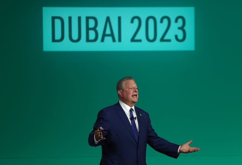 Al Gore, environmentalist and former US vice president, presents the Climate Trace global greenhouse gases emissions database on day four of Cop28. Getty Images