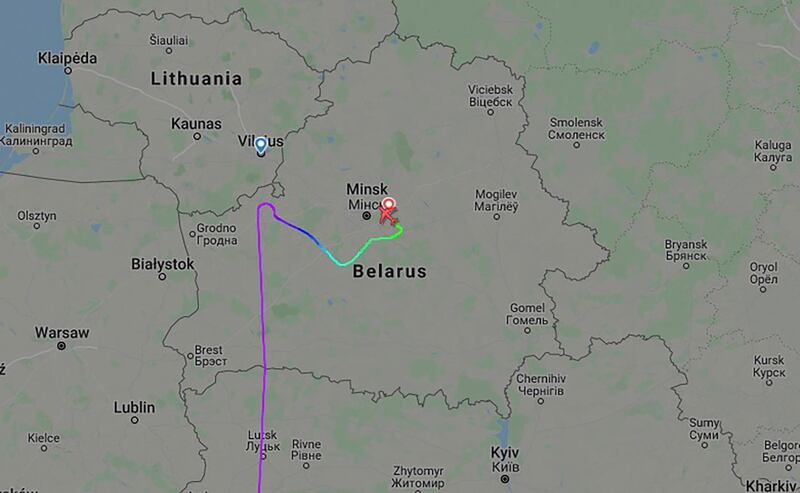 A graphic shows the flightpath the Ryanair Fflight flying from Athens to Vilnius and carrying Belarusian opposition activist and blogger Roman Protasevich, diverting and landing in Minsk. Reuters