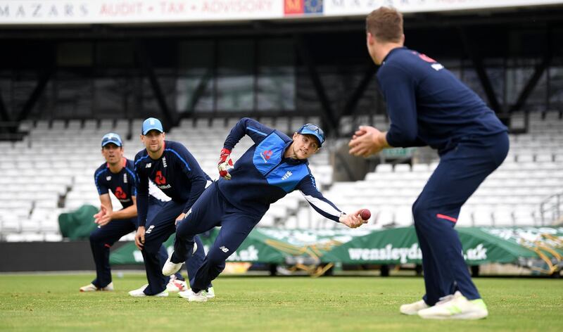 LEEDS, ENGLAND - MAY 31:  England captain Joe Root catches in the slips during a nets session at Headingley on May 31, 2018 in Leeds, England.  (Photo by Gareth Copley/Getty Images)