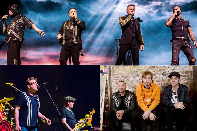 From top, clockwise: Boyzone, Busted and The Proclaimers. Getty Images