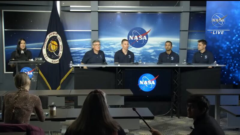 Dr Al Neyadi and his SpaceX/Nasa Crew-6 colleagues speak at a press conference in Houston. Photo: Nasa