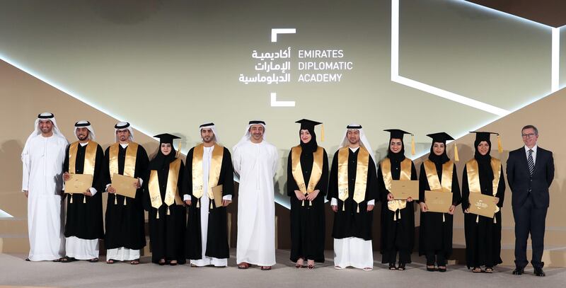 L-R: Dr Sultan Al Jaber, Minister of State and member of the EDA Board of Trustees, and Sheikh Abdullah bin Zayed, Minister of Foreign Affairs and International Cooperation and chairman of the Board of Trustees of the Emirates Diplomatic Academy, attend the EDA graduation ceremony on Saturday. Wam