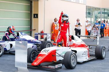 Abu Dhabi, United Arab Emirates, November 30, 2019. Formula 1 Etihad Airways Abu Dhabi Grand Prix. -- FIA F4 Race 1. Amna Al Qubaisi in tears of joy after taking the win. Victor Besa / The National Section: SP Reporter: Simon Wilgress-Pipe1