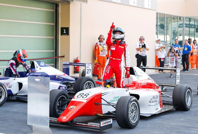 Abu Dhabi, United Arab Emirates, November 30, 2019.  
Formula 1 Etihad Airways Abu Dhabi Grand Prix.
-- FIA F4 Race 1.  Amna Al Qubaisi in tears of joy after taking the win.
Victor Besa / The National
Section:  SP
Reporter:  Simon Wilgress-Pipe1