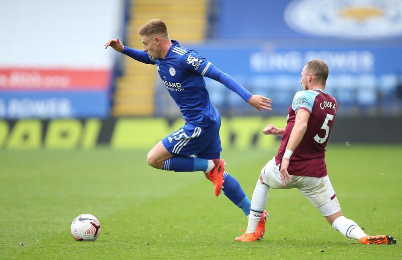 Leicester's Harvey Barnes, left, duels for the ball with West Ham's Vladimir Coufal. AP