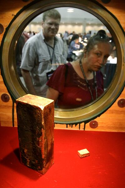 A gold ingot on display at the World's Fair of Money in Boston in 2010. It was among two tonnes of California Gold Rush gold recovered from the shipwreck of the 'SS Central America' which sank in 1857. AP
