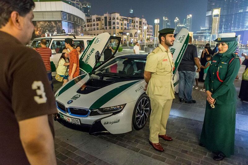 Lt Obaid bin Abed, director of the tourist police patrols section, and Lt Maitha Al Muheira stood near the vehicles congratulating people on Eid Al Fitr and allowing them to take pictures with them and the vehicles.