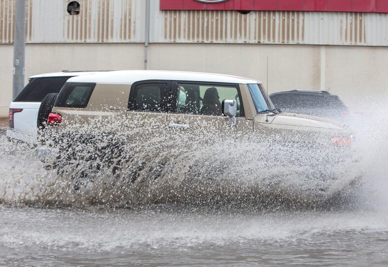 Dubai, United Arab Emirates - Flooded street due to rain today in Al Quoz Industrial area.  Leslie Pableo for The National 