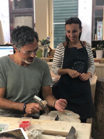 Mosaic master Alessandra di Gennaro with curator Luca Berta at the Artefact Mosaic Studio, one of the workshops that the artists will visit as part of the residency programme. Alexandra Chaves / The National