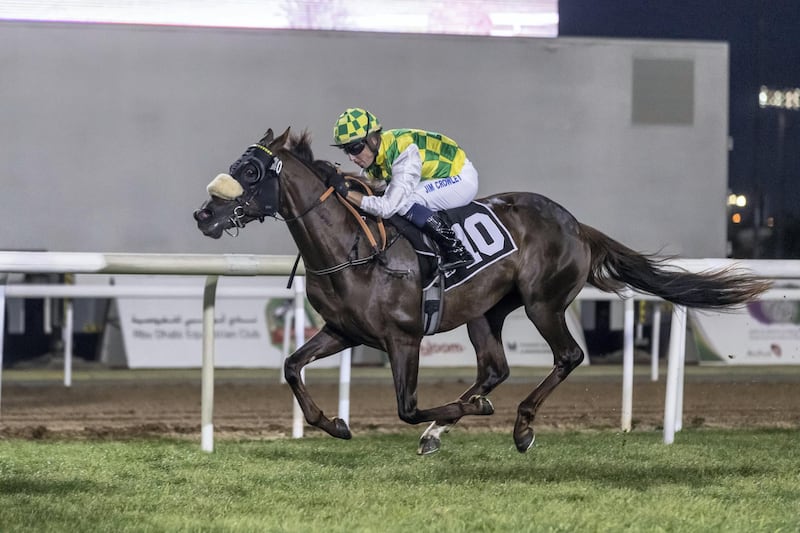 ABU DHABI, UNITED ARAB EMIRATES. 16 FEBRUARY 2020. Emirates Colts classic, Abu Dhabi Equestrian Club. Winner of fourth race Jawaal (AE) 4 yrs old raced by jockey Jim Crowley and trained by Irfan Ellahi. (Photo: Antonie Robertson/The National) Journalist: None. Section: National.
