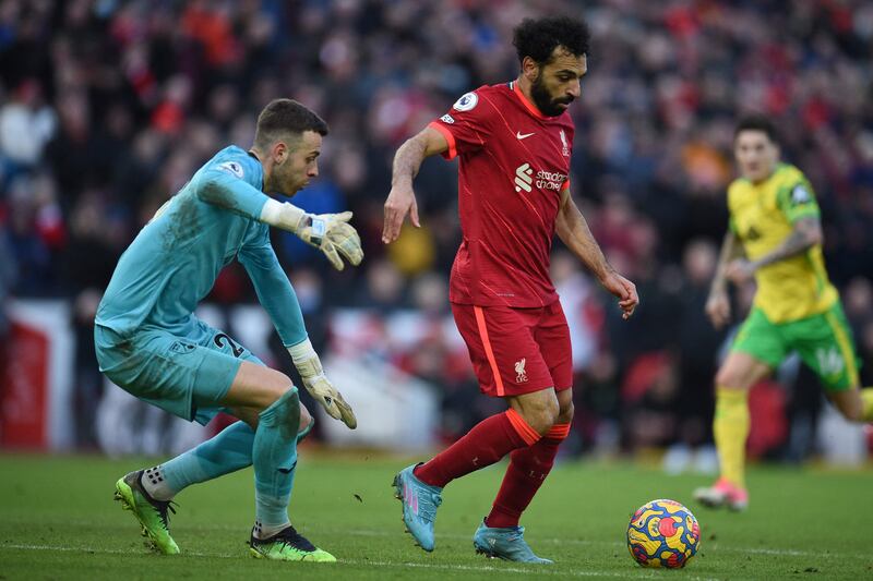 NORWICH RATINGS: Angus Gunn - 6. Made good saves from Tsimikas and Salah but was overwhelmed in the second half. There was not much he could do for any of Liverpool’s goals. AFP