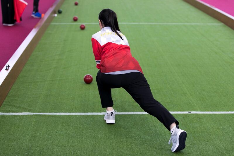 ABU DHABI, UNITED ARAB EMIRATES - March 20 2019.

Hong Kong player plays against the UAE at the bocce tournament at the Special Olympics World Games in ADNEC.

 (Photo by Reem Mohammed/The National)

Reporter: 
Section:  NA