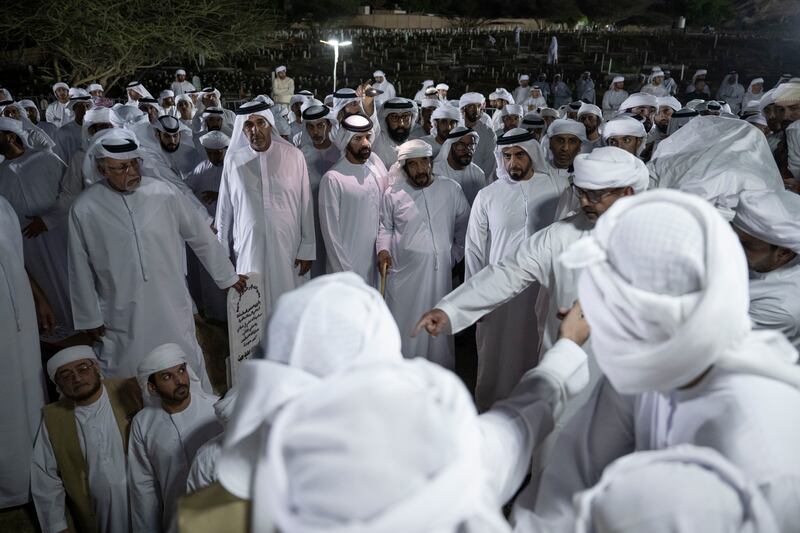 Hamad bin Suhail Al Khaili is buried at Al Mutarid cemetery. Sheikh Saif bin Zayed, Deputy Prime Minister and Minister of Interior, was among those who attended. Omar Askar / UAE Presidential Court