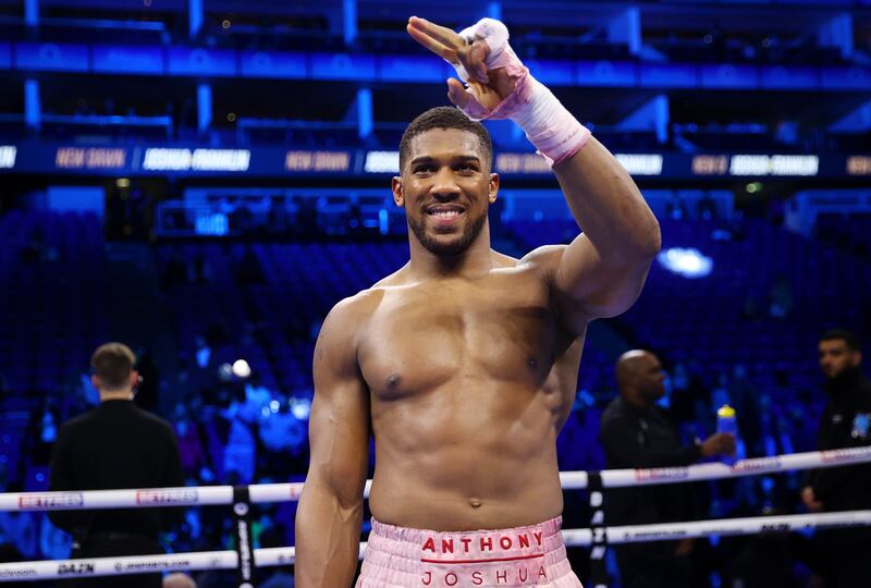 Anthony Joshua celebrated victory following the Heavyweight fight with Jermaine Franklin at The O2 Arena in London. Getty Images