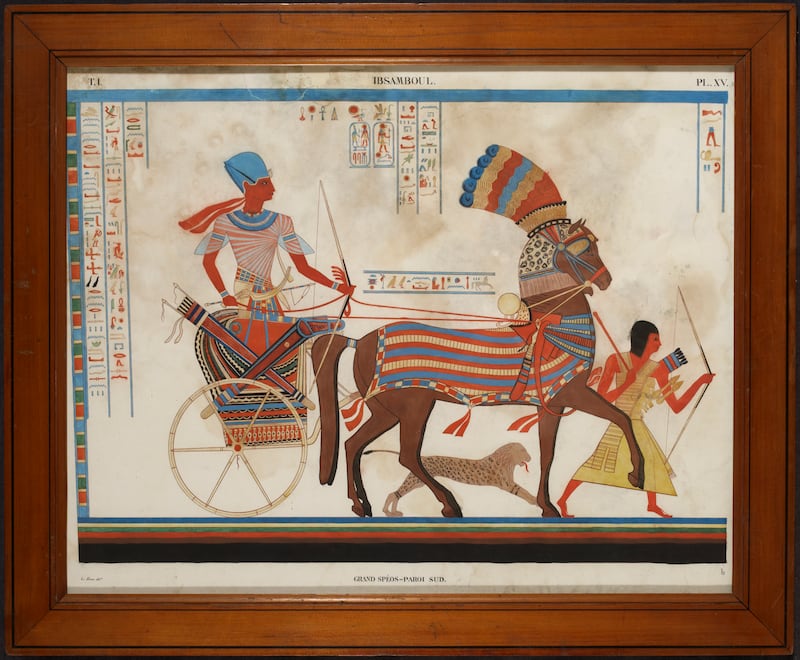 A lithograph made by Pierre-Francois Lehoux depicting Ramses II on his chariot is on view at the Musee Champillion. Courtesy Departement de l’Isere / Musee Champollion