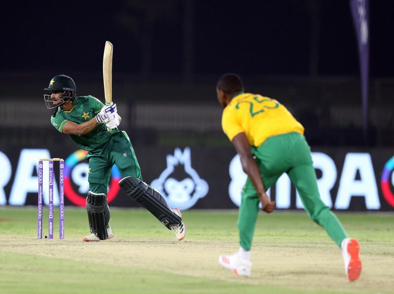 Pakistan's Hasan during a 2021 T20 World Cup warm-up match at the Tolerance Oval, Abu Dhabi. Chris Whiteoak / The National  