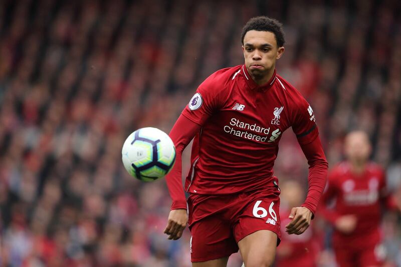 LIVERPOOL, ENGLAND - APRIL 14: Trent Alexander-Arnold  of Liverpool during the Premier League match between Liverpool FC and Chelsea FC at Anfield on April 14, 2019 in Liverpool, United Kingdom. (Photo by Matthew Ashton - AMA/Getty Images)