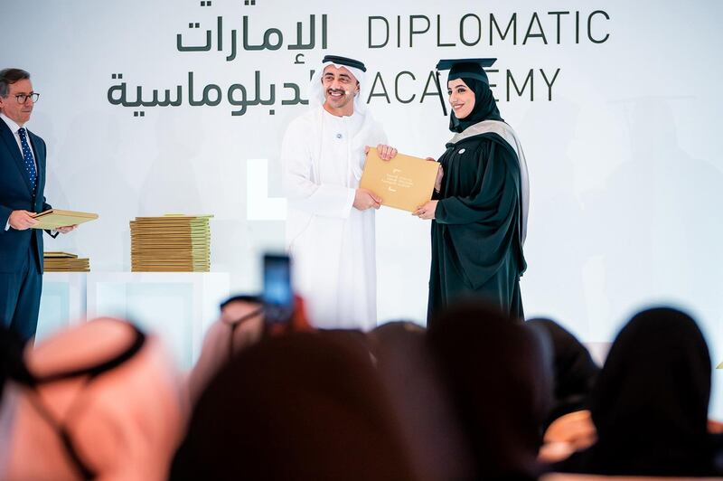 ABU DHABI, 19th October, 2018 (WAM) -- H.H. Sheikh Abdullah bin Zayed Al Nahyan, Minister of Foreign Affairs and International Cooperation and Chairman of the Board of Trustees of the Emirates Diplomatic Academy, EDA, attended the academy���s graduation ceremony, held at the Ministry of Foreign Affairs and International Cooperation, MoFAIC. MOFAIC / Wam