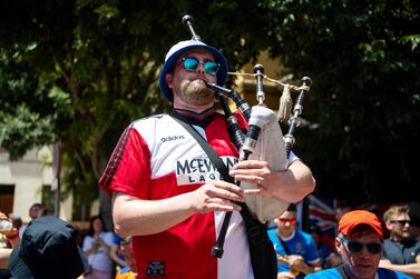 SEVILLE, SPAIN - MAY 18: A fan of Rangers plays the bagpipes in the Rangers Fan Festival at Alameda de Hercules ahead of the UEFA Europa League final match between Eintracht Frankfurt and Rangers FC at Estadio Ramon Sanchez Pizjuan on May 18, 2022 in Seville, Spain. (Photo by Justin Setterfield / Getty Images)