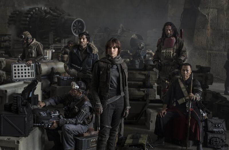 From left, Riz Ahmed, Diego Luna, Felicity Jones, Jiang Wen and Donnie Yen in Rogue One: A Star Wars Story. Lucasfilm-Disney via AP