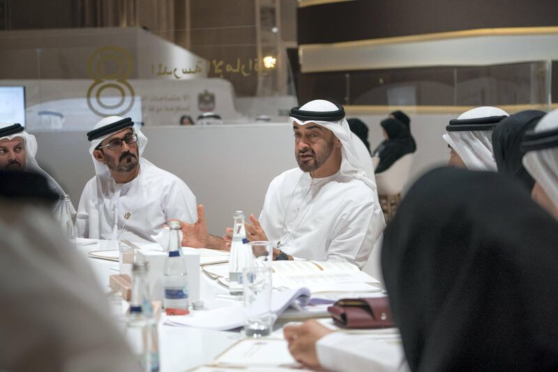 ABU DHABI, UNITED ARAB EMIRATES - September 26, 2017: HH Sheikh Mohamed bin Zayed Al Nahyan Crown Prince of Abu Dhabi Deputy Supreme Commander of the UAE Armed Forces (C), chairs a session during the UAE Government annual meetings, at The St Regis Saadiyat Island Resort. Seen with HE Hussain Ibrahim Al Hammadi, UAE Minister of Education (2nd L) and other dignitaries. 


( Mohamed Al Hammadi / Crown Prince Court - Abu Dhabi )
---