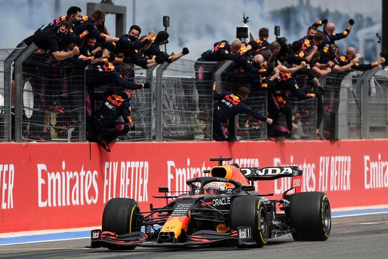 Red Bull's team members celebrate after Max Verstappen wins the French Grand Prix at the Circuit Paul Ricard on Sunday, June 20. AFP
