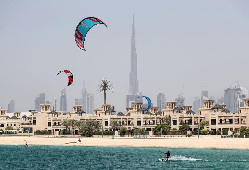 Dubai, United Arab Emirates - May 6th, 2018: Standalone. Kite surfing takes place on the beach. Sunday, May 6th, 2018 at Jumeriah Beach, Dubai. Chris Whiteoak / The National