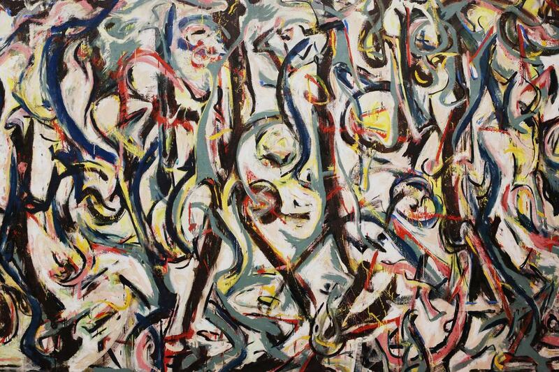 A detail of Jackson Pollock’s Mural (1943), an oil-on-canvas work that is more than 8 feet high and nearly 20 feet long. AP

