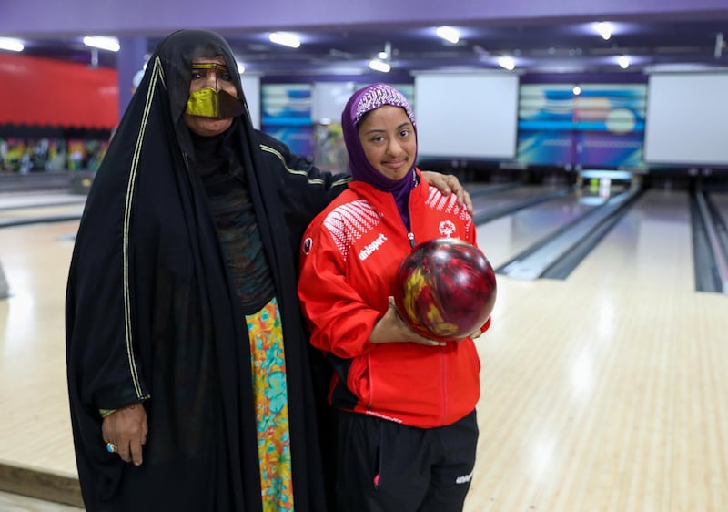 Al Ain, UAE, March 8, 2018.  UAE Special Olympics team training sessions.  UAE Women's Bowling Team, Mariam Ahmed Khalis with mother, Zafrana.
Victor Besa / The National
National
Reporter; Ramola Talwar