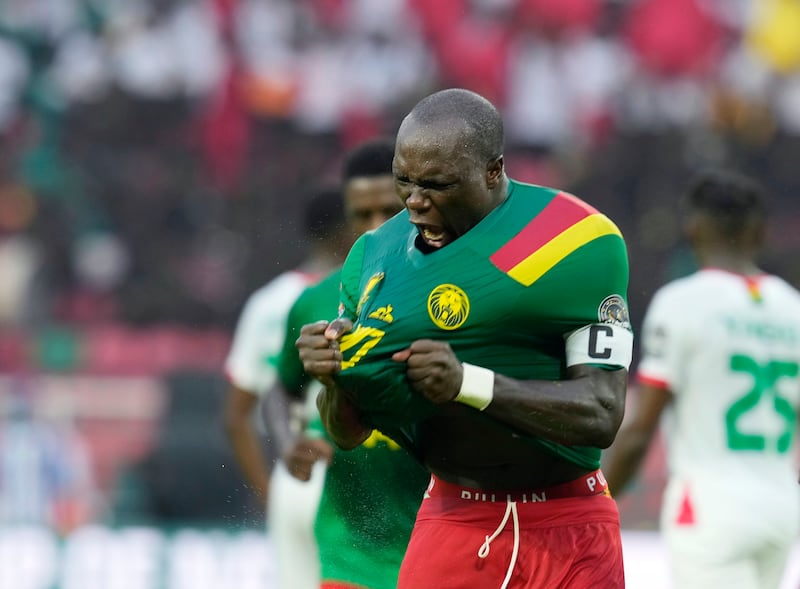 Cameroon captain Vincent Aboubakar celebrates his second goal against Burkino Faso in the opening African Cup of Nations match at the Olembe Stadium in Yaounde, Cameroon, on Sunday, January  9, 2022. AP