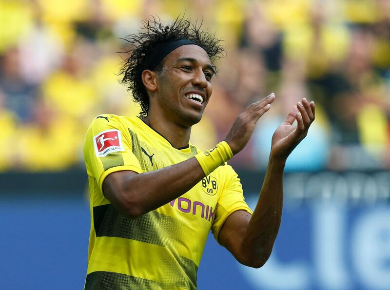 Soccer Football - Bundesliga - Borussia Dortmund vs Hertha BSC Berlin - Dortmund, Germany - August 26, 2017   Borussia Dortmund’s Pierre-Emerick Aubameyang celebrates scoring their first goal    REUTERS/Ralph Orlowski    DFL RULES TO LIMIT THE ONLINE USAGE DURING MATCH TIME TO 15 PICTURES PER GAME. IMAGE SEQUENCES TO SIMULATE VIDEO IS NOT ALLOWED AT ANY TIME. FOR FURTHER QUERIES PLEASE CONTACT DFL DIRECTLY AT + 49 69 650050