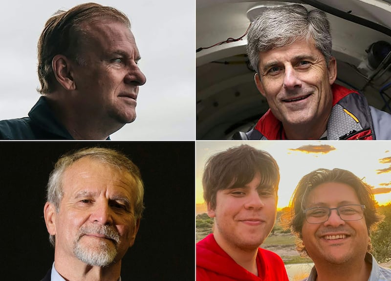 Titan passengers (clockwise from top left) Hamish Harding, Stockton Rush, Shahzada Dawood and his son Suleman, and Paul-Henry Nargeolet. AFP