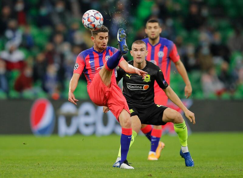 Chelsea's Jorginho in action with Krasnodar's Daniil Utkin. Reuters