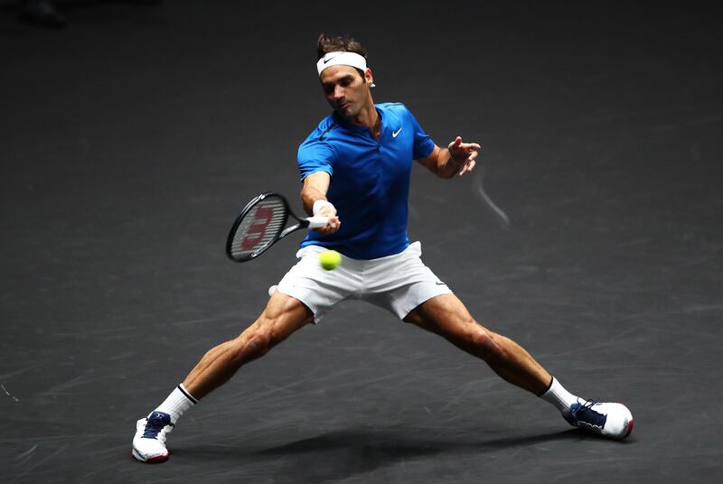 PRAGUE, CZECH REPUBLIC - SEPTEMBER 23:  Roger Federer of Team Europe plays a forehand during his singles match against Sam Querrey of Team World on Day 2 of the Laver Cup on September 23, 2017 in Prague, Czech Republic. The Laver Cup consists of six European players competing against their counterparts from the rest of the World. Europe will be captained by Bjorn Borg and John McEnroe will captain the Rest of the World team. The event runs from 22-24 September.  (Photo by Clive Brunskill/Getty Images for Laver Cup)