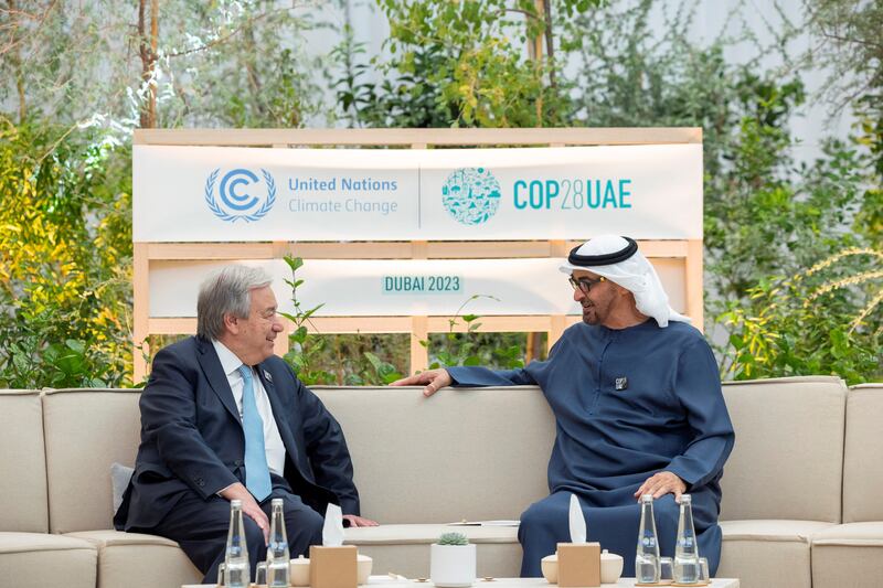 President Sheikh Mohamed and UN Secretary General Antonio Guterres hold a meeting at the Cop28 summit in Dubai. Photo: UAE Presidential Court