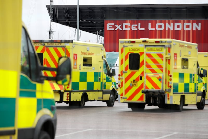  Ambulances are seen outside the NHS Nightingale Hospital at the Excel Centre, as the spread of the coronavirus disease (COVID-19) continues, London, Britain, April 6, 2020. REUTERS/Matthew Childs