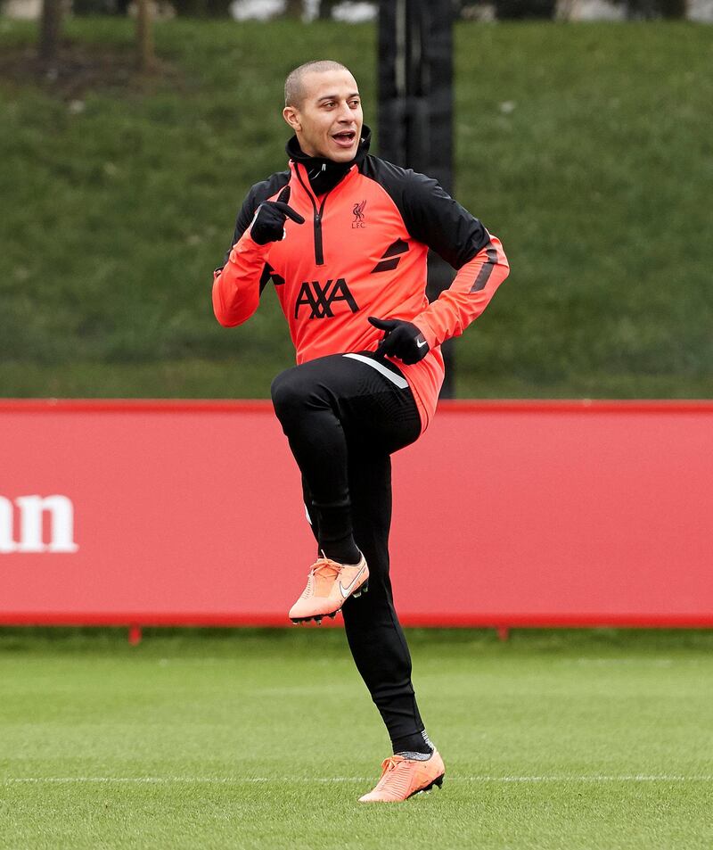 KIRKBY, ENGLAND - FEBRUARY 15: (THE SUN OUT, THE SUN ON SUNDAY OUT) Thiago Alcantara of Liverpool during a training session at AXA Training Centre on February 15, 2021 in Kirkby, England. (Photo by Nick Taylor/Liverpool FC/Liverpool FC via Getty Images)