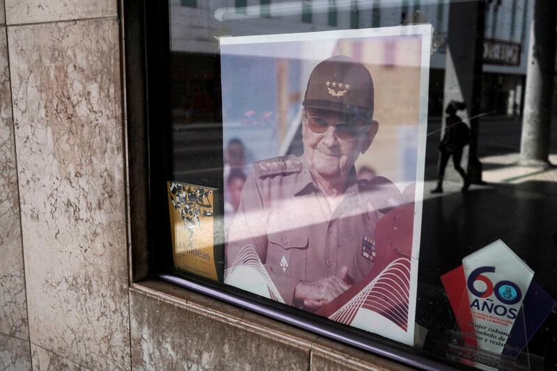 A picture of former Cuban president Raul Castro is displayed in the window of a state building in Havana. Reuters