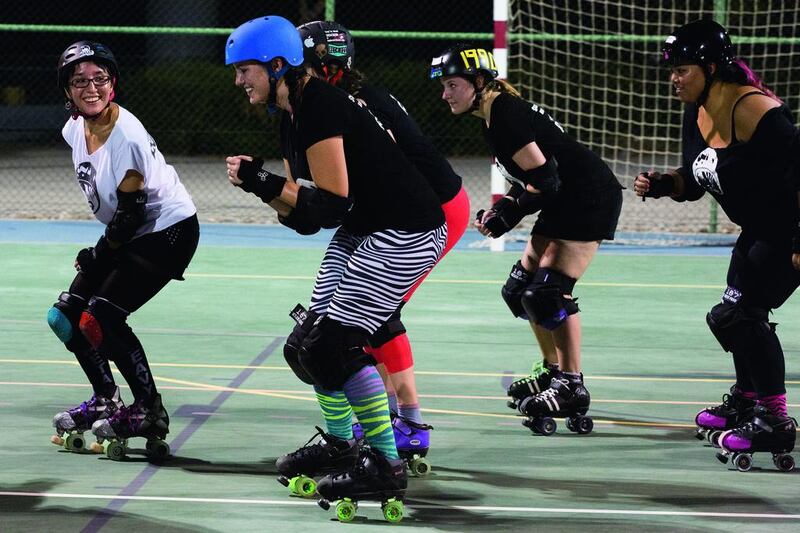 Players from the Dubai Roller Derby team practise their moves at Meydan Tennis Academy. The sport is often described as rugby on roller skates. Photos by Duncan Chard for the National