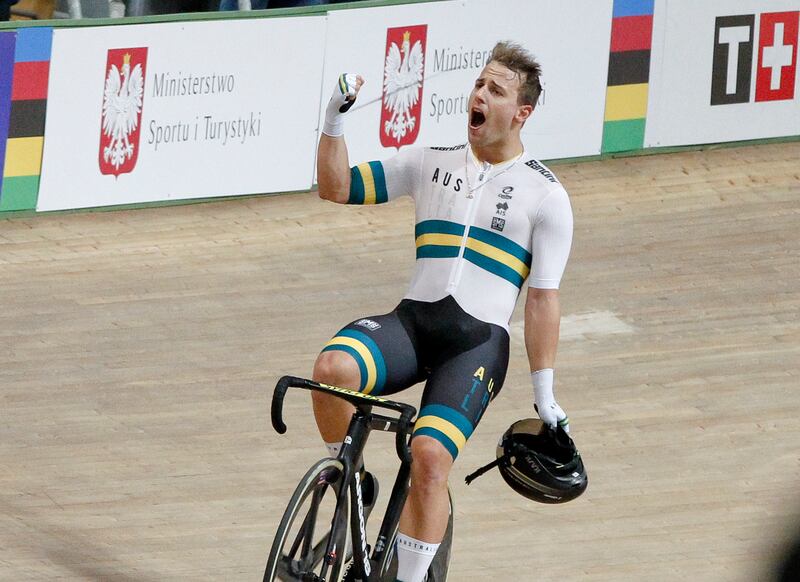 Team Australia's Samuel Welsford celebrates winning the men's scratch during the UCI Track Cycling World Championship in Pruszkow, Poland. AP Photo