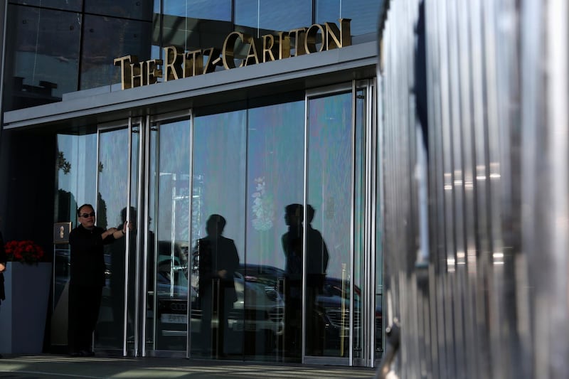 An entrance to Ritz-Carlton Hotel at International Commerce Centre, where the bodies of a woman and a boy were found and a man arrested, in Hong Kong January 14, 2018.  REUTERS/Bobby Yip