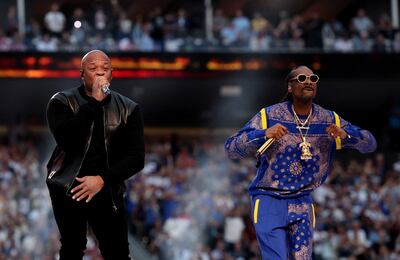 Dre and Snoop Dogg perform during the Super Bowl half-time show. Reuters