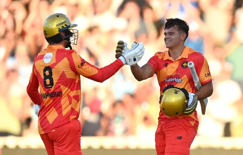 Will Smeed of Birmingham Phoenix celebrates with Miles Hammond after reaching his century, making him the first player to score a ton in The Hundred. Getty Images