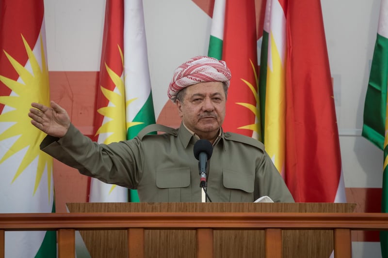 ERBIL, IRAQ - SEPTEMBER 22:  Kurdish President Masoud Barzani speaks to supporters during a rally for the upcoming referendum for independence of Kurdistan on September 22, 2017 in Erbil, Iraq. The Kurdish Regional government is preparing to hold the September 25, independence referendum despite strong objection from neighboring countries and the Iraqi government, which voted Tuesday to reject Kurdistan's referendum and authorized the Prime Minister Haider al-Abadi to take measures against the vote. Despite the mounting pressures Kurdistan President Masoud Barzani continues to campaign and state his determination to go ahead with the vote.  (Photo by Chris McGrath/Getty Images)