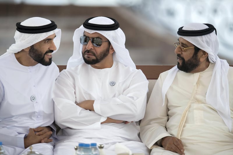 ABU DHABI, UNITED ARAB EMIRATES - November 12, 2018: (L-R) HH Sheikh Nahyan Bin Zayed Al Nahyan, Chairman of the Board of Trustees of Zayed bin Sultan Al Nahyan Charitable and Humanitarian Foundation, HH Sheikh Hamdan bin Zayed Al Nahyan, Ruler’s Representative in Al Dhafra Region and HH Sheikh Tahnoon bin Mohamed Al Nahyan, Ruler's Representative in Al Ain Region, attend a Sea Palace barza.
( Hamad Al Kaabi / Ministry of Presidential Affairs )?
---
