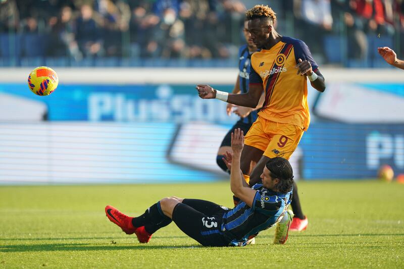 Roma's Tammy Abraham scores against Atalanta. AP