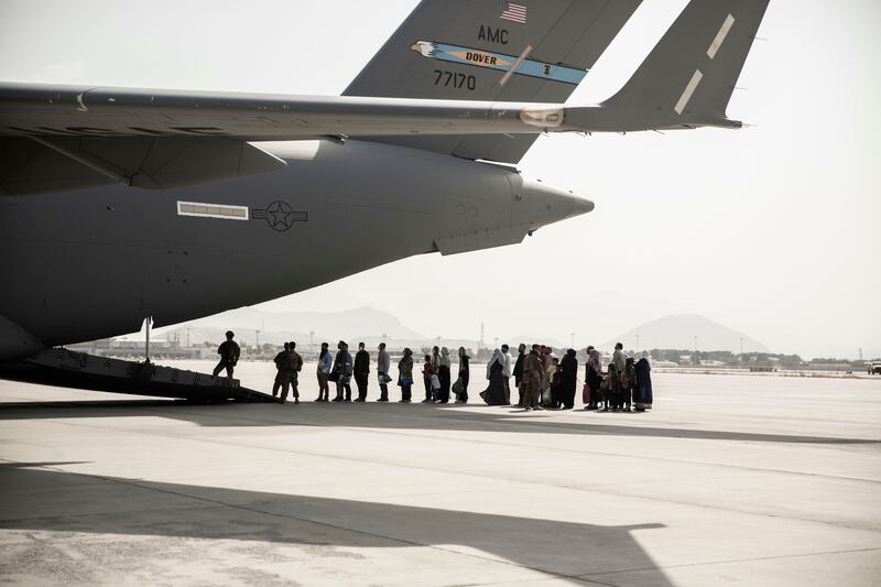 People who fled Afghanistan arrive at Naval Station Rota in Spain. Photo: US Department of Defence